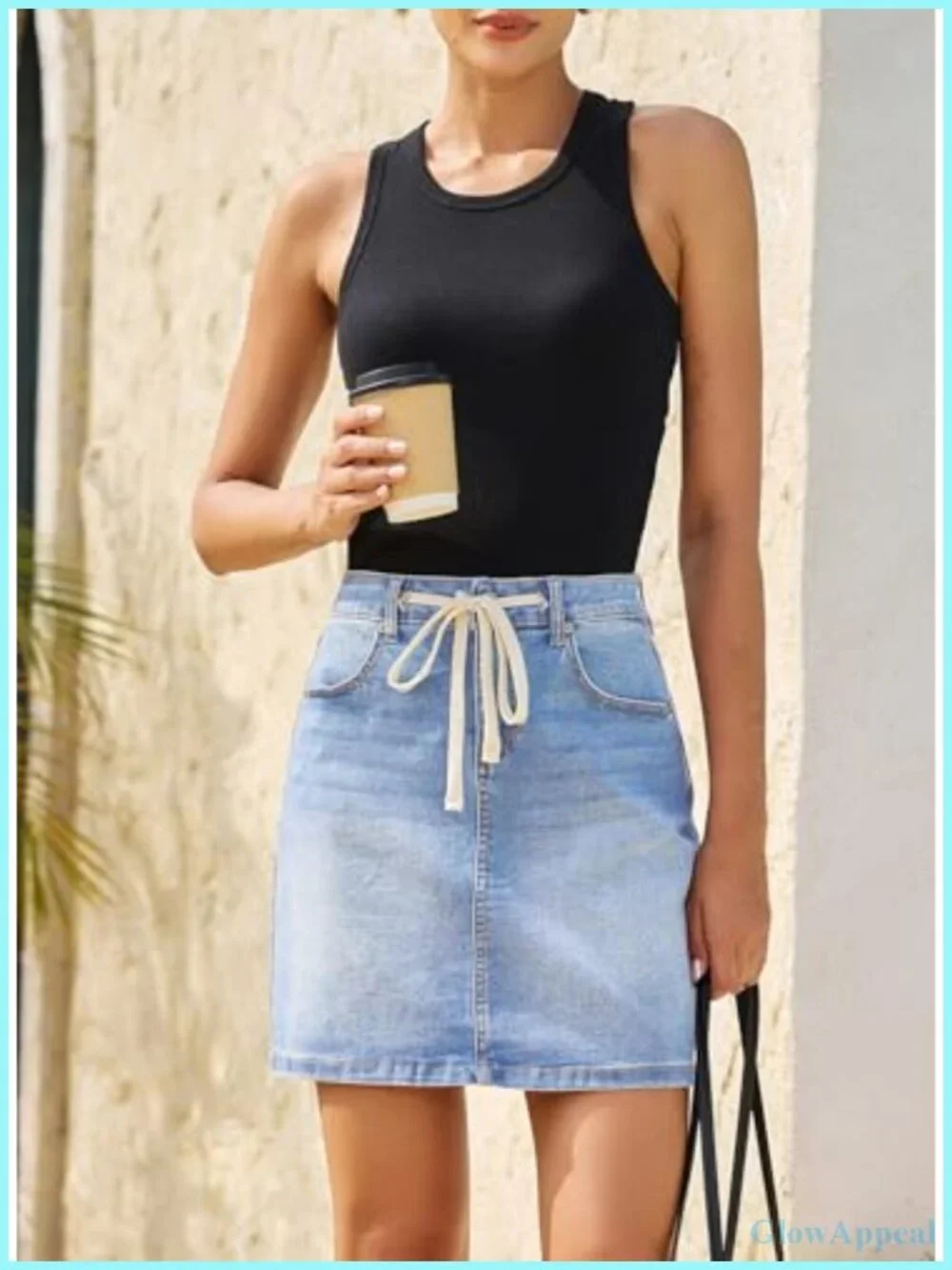 High Waist Drawstring Stretchy Mini Jean Skirt with Pockets Casual Summer